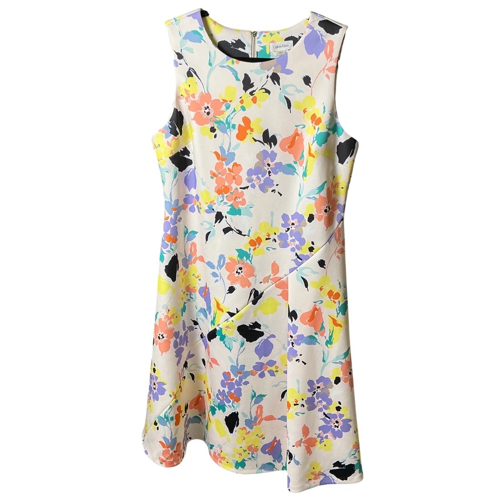 Calvin Klein Womens Floral Scuba Sleeveless Sheath Dress Multi-Color Size 14